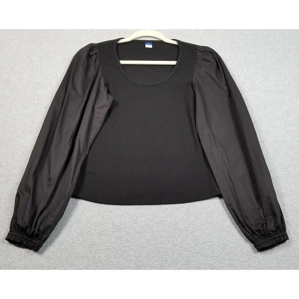 NEW Old Navy Top Women S Small Black Mixed Media Ribbed Knit Puff Sleeve Blouse